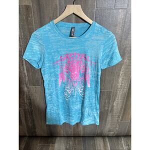 Pro Rodeo Gear Womens Shirt Large Blue Bull Skull And Feathers Logo